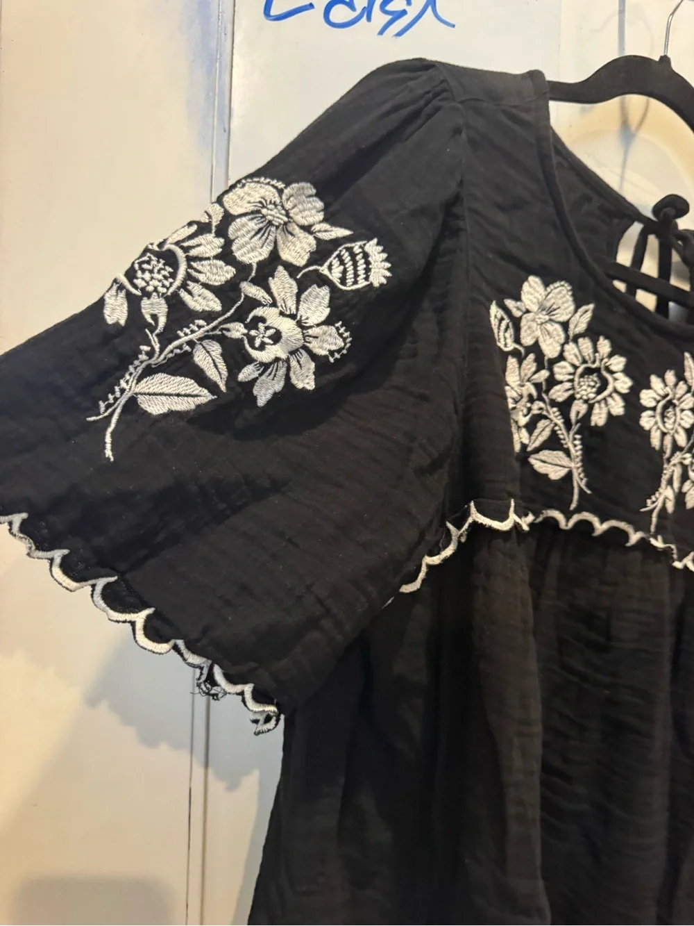 Old Navy Black Peasant Top with White Floral Embroidery